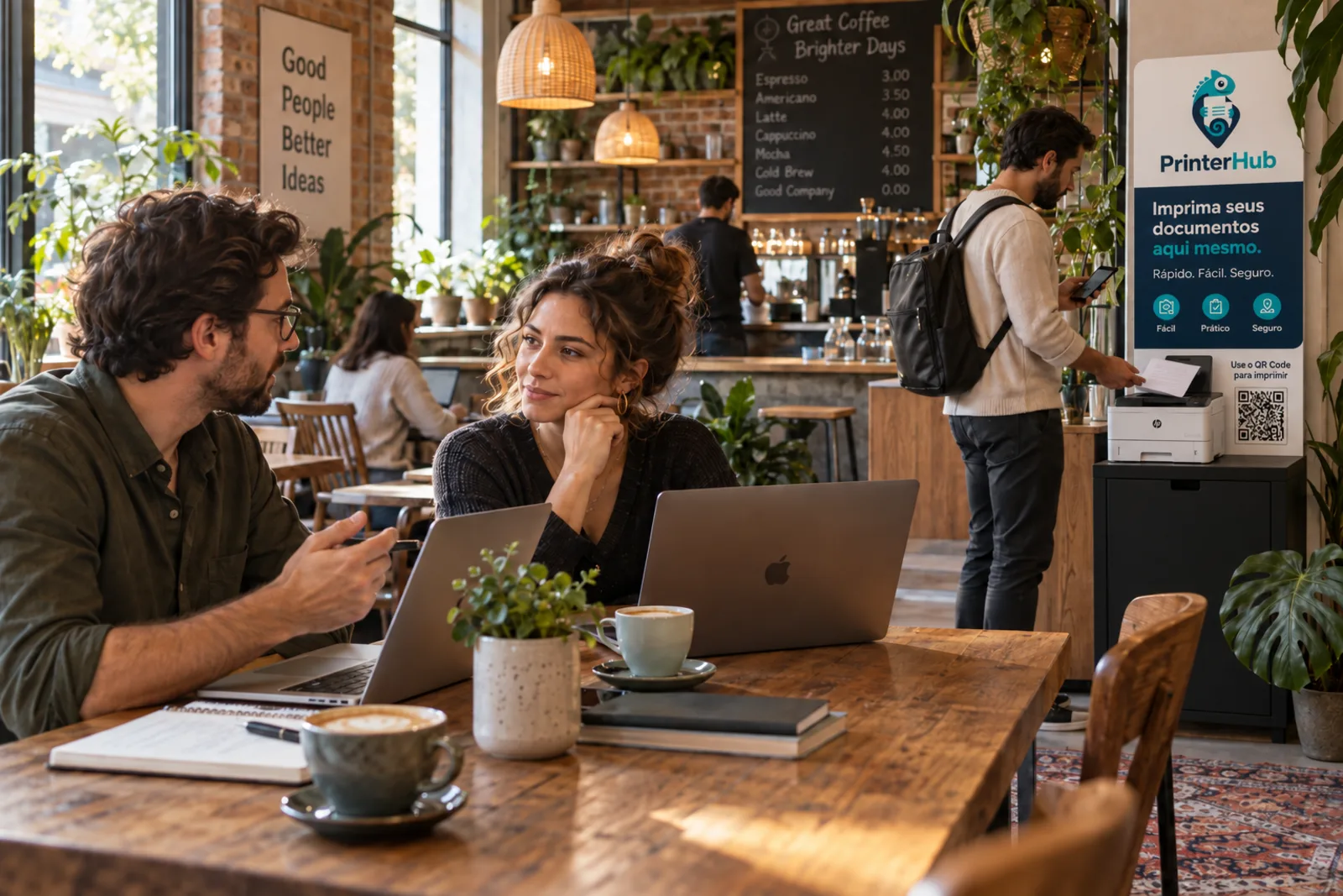 Duas pessoas em uma reunião de trabalho em um café-coworking, laptops e café na mesa, com um ponto PrinterHub ao fundo.