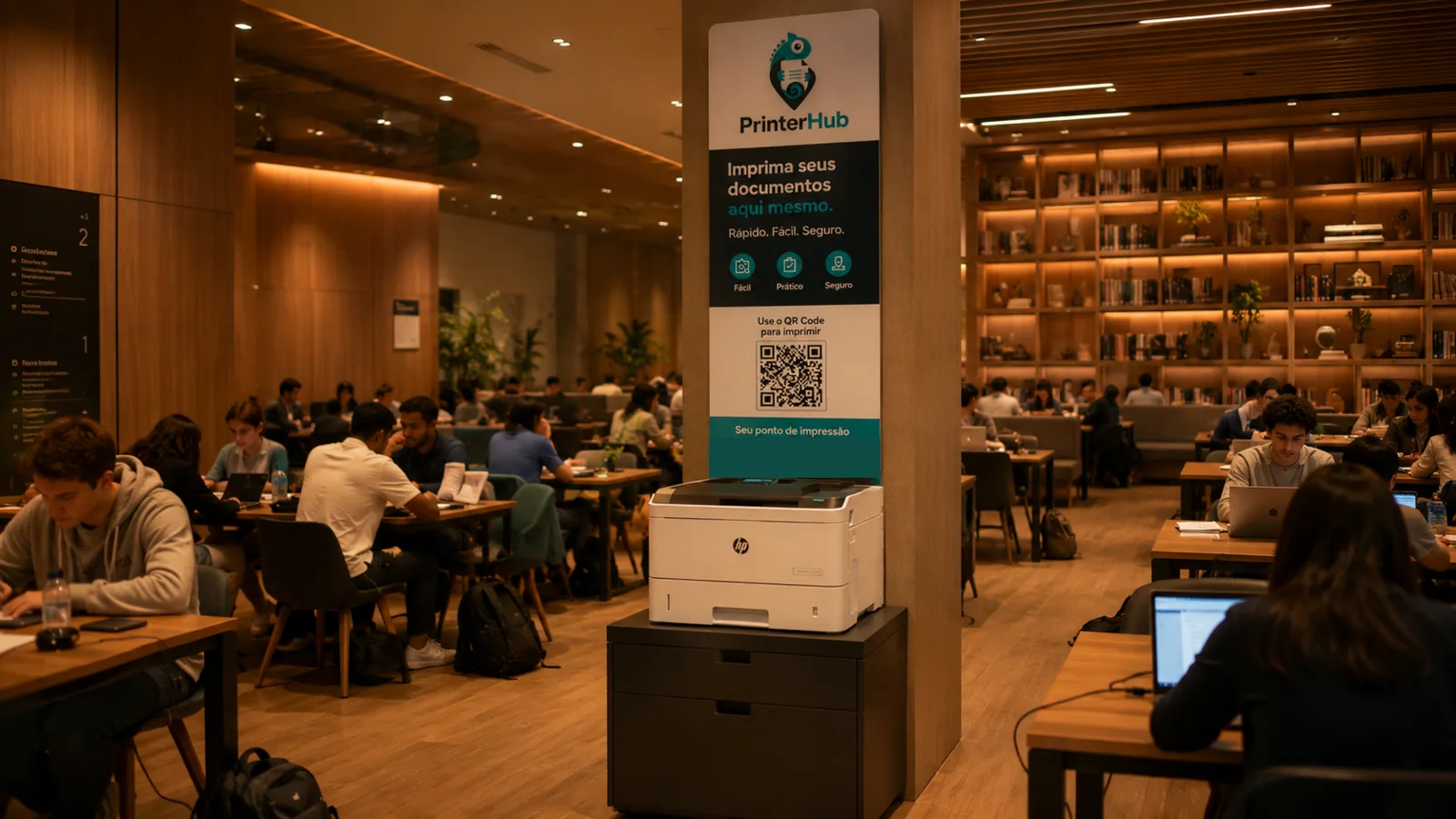 Ponto PrinterHub com impressora e totem instalados em um espaço de estudos universitário, com alunos ao redor.