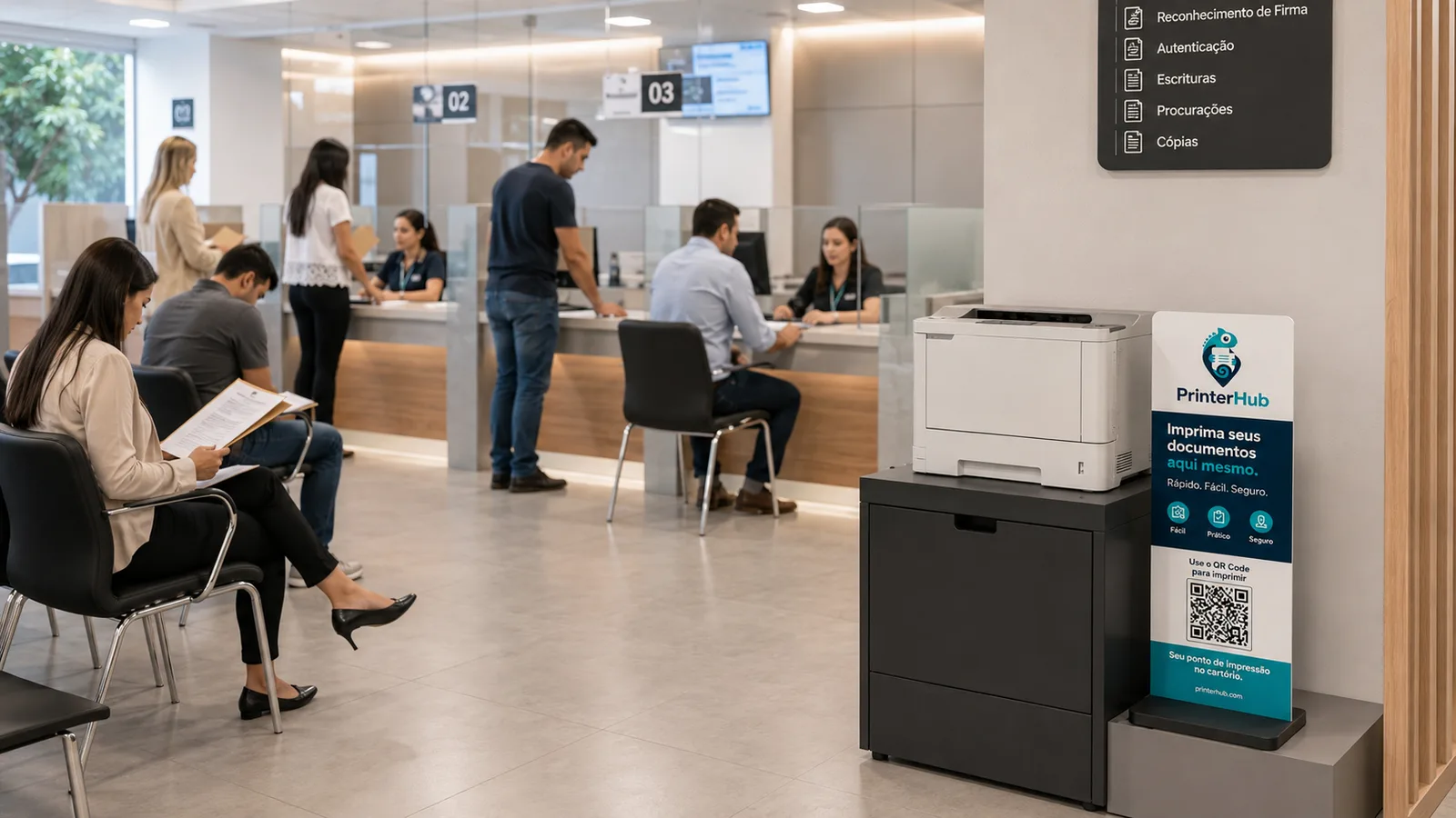 Sala de espera de cartório com clientes aguardando, e um ponto PrinterHub com impressora instalado ao lado do balcão.