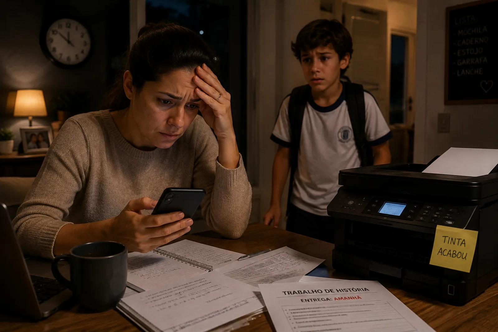 Mãe preocupada olhando o celular à noite, ao lado do filho de uniforme escolar; impressora com bilhete 'tinta acabou' sobre a mesa.