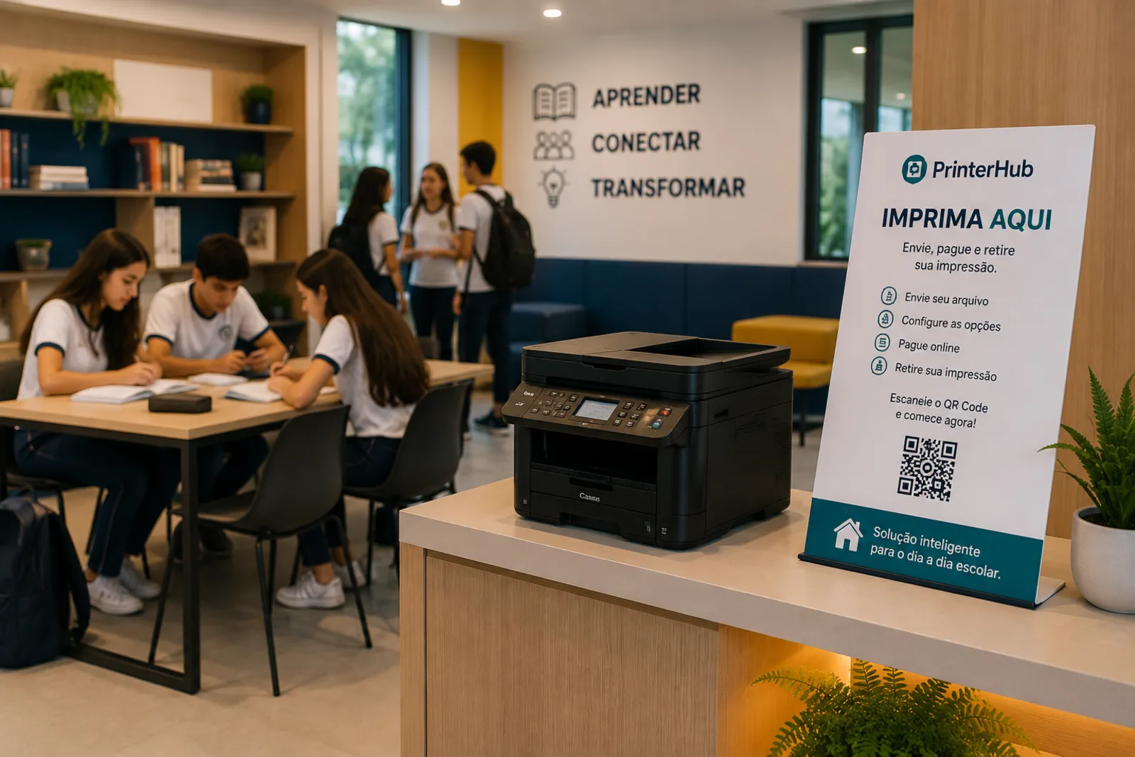 Alunos em uniforme estudando em uma área comum da escola, com o ponto PrinterHub instalado ao lado.