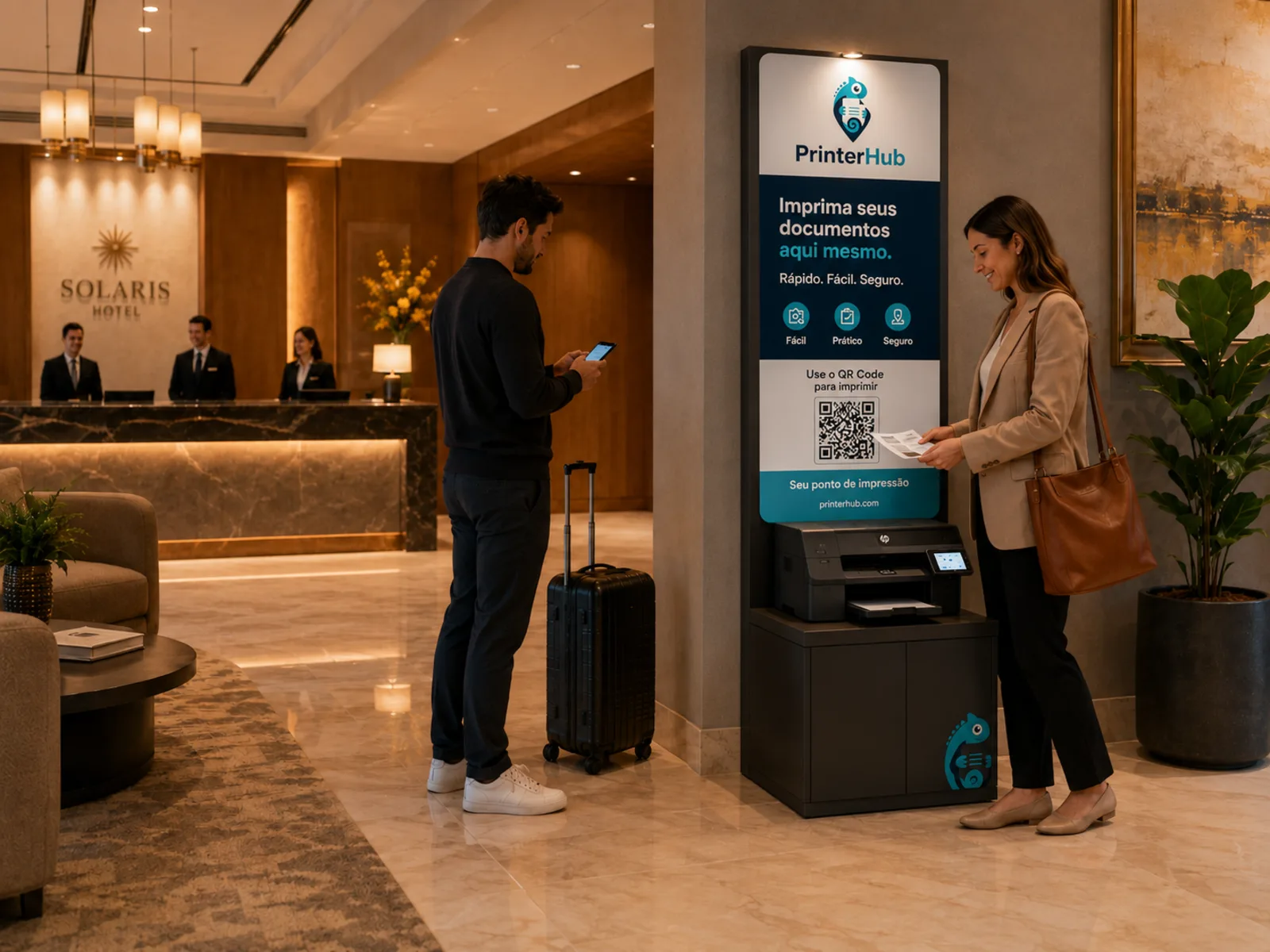 Recepção de hotel com hóspedes usando o ponto PrinterHub instalado ao lado do balcão.